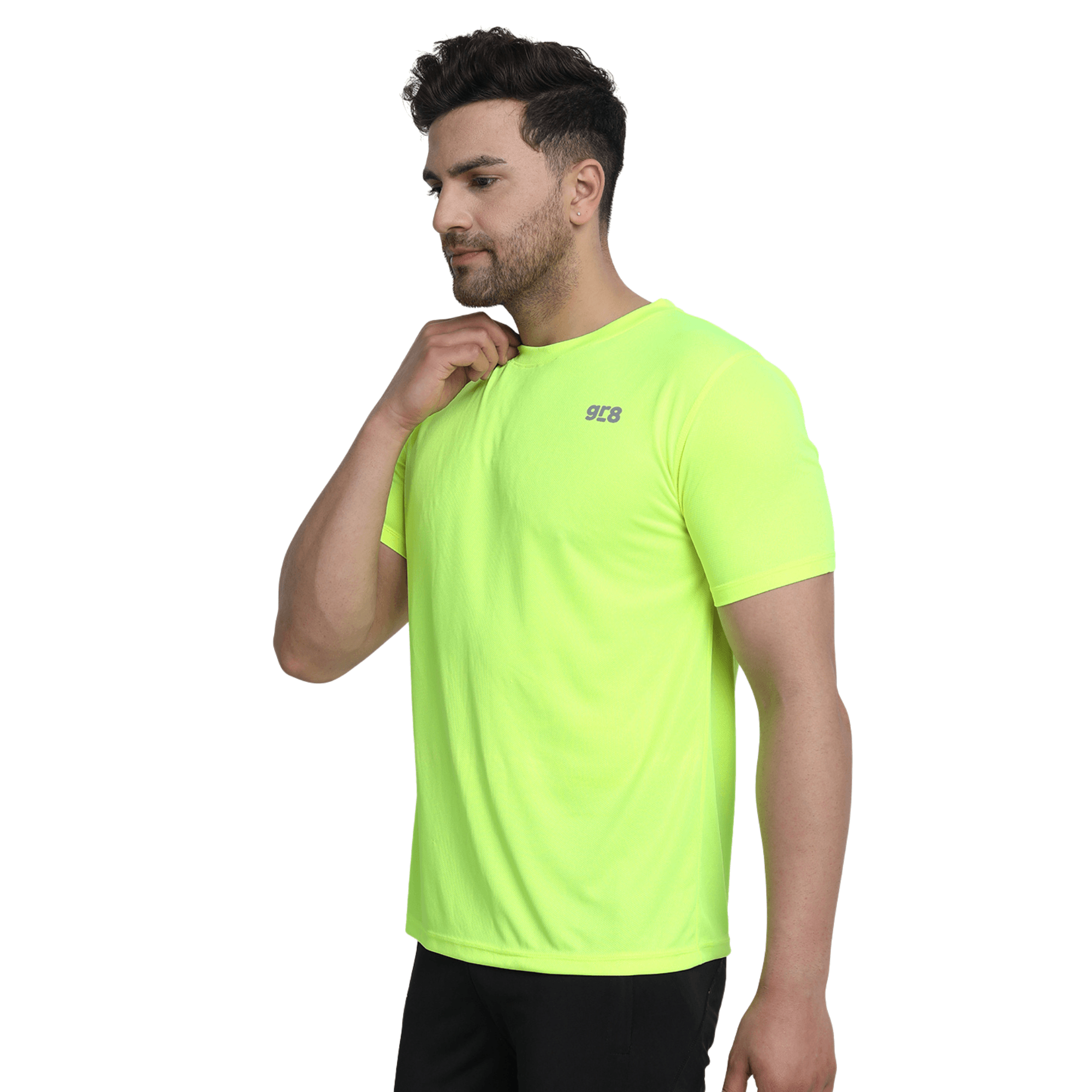 Close-up view of the neon GR8 training T-shirt