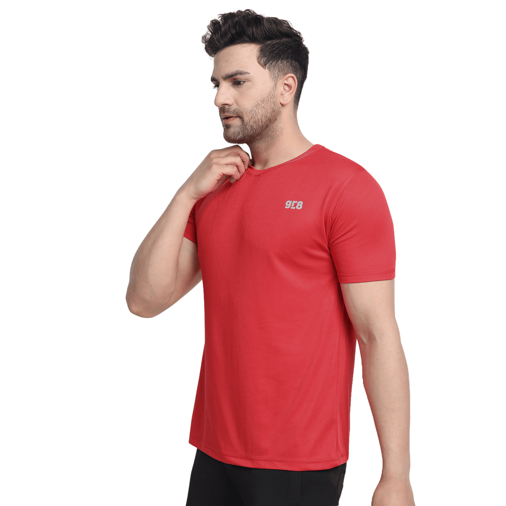 Close-up view of the red GR8 training T-shirt