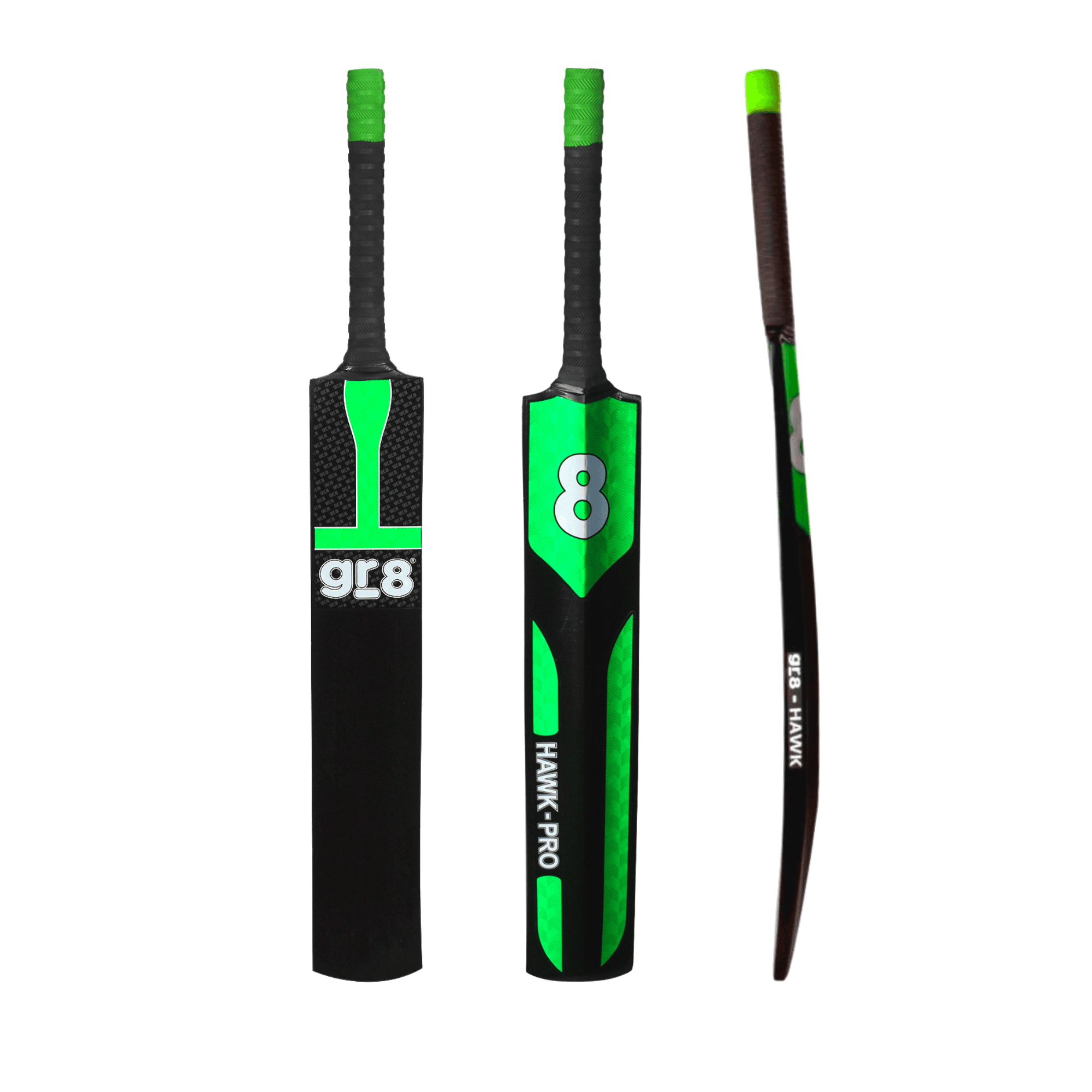 GR8 Hawk Pro bat shown from front, back, and side