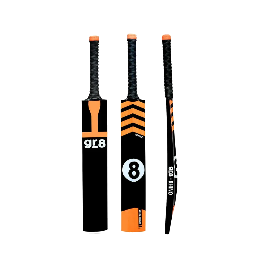 GR8 Rhino cricket bat shown from three angles